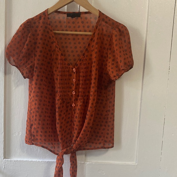 mine Tops - MINE  Sheer Orange Polka Dot Blouse